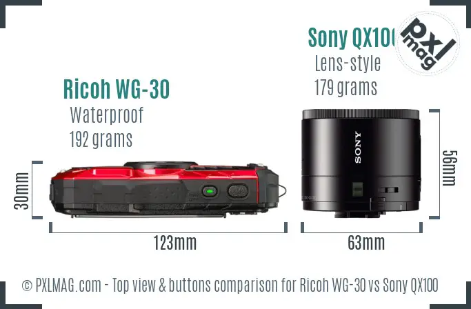 Ricoh WG-30 vs Sony QX100 top view buttons comparison
