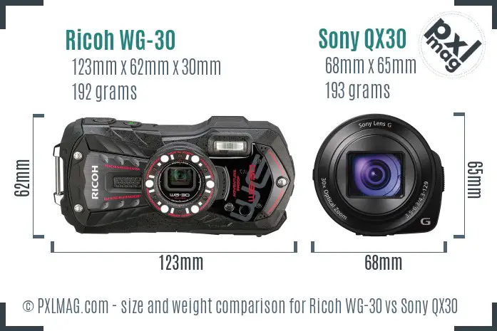 Ricoh WG-30 vs Sony QX30 size comparison