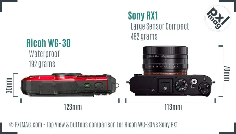 Ricoh WG-30 vs Sony RX1 top view buttons comparison Ricoh WG-30 vs Sony RX1 top view buttons comparison