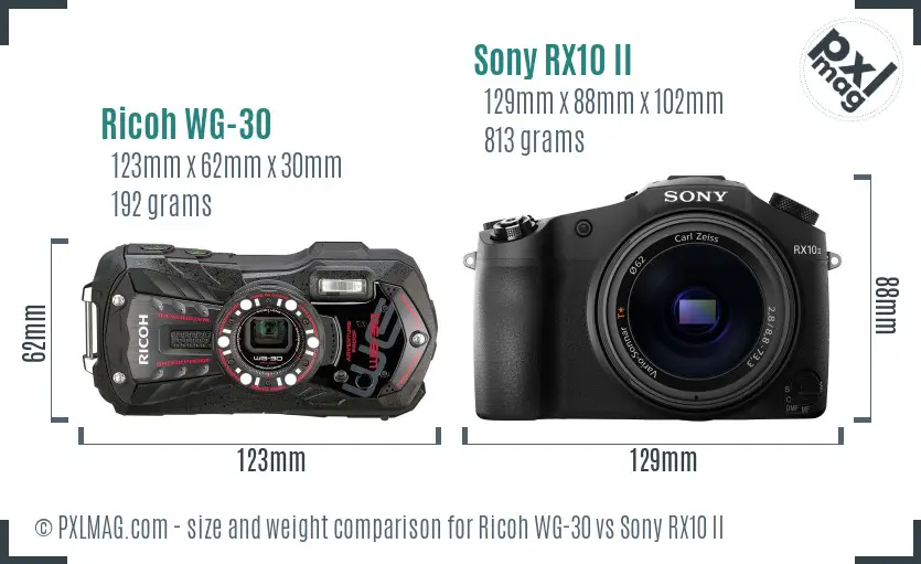 Ricoh WG-30 vs Sony RX10 II size comparison