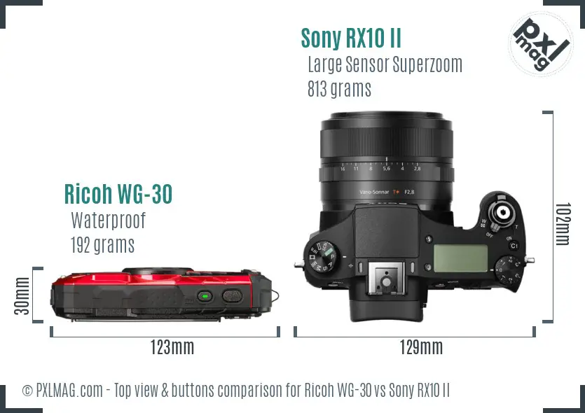 Ricoh WG-30 vs Sony RX10 II top view buttons comparison