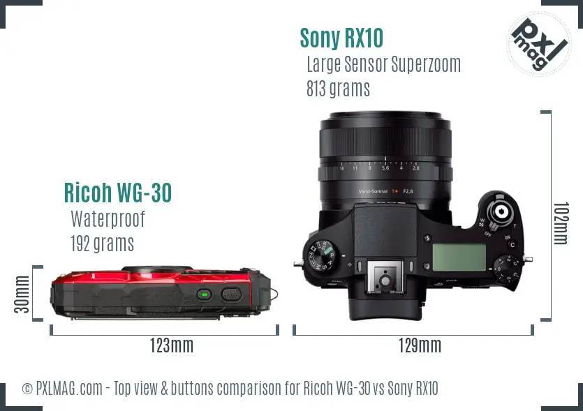 Ricoh WG-30 vs Sony RX10 top view buttons comparison