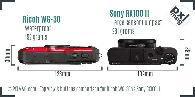 Ricoh WG-30 vs Sony RX100 II top view buttons comparison Ricoh WG-30 vs Sony RX100 II top view buttons comparison