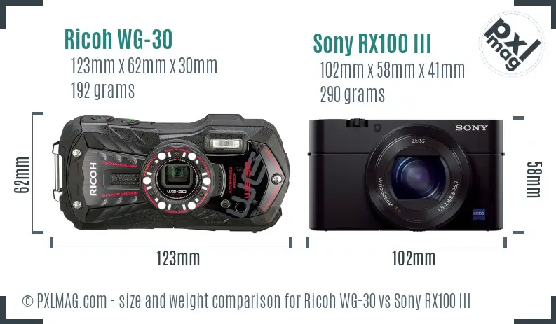 Ricoh WG-30 vs Sony RX100 III size comparison