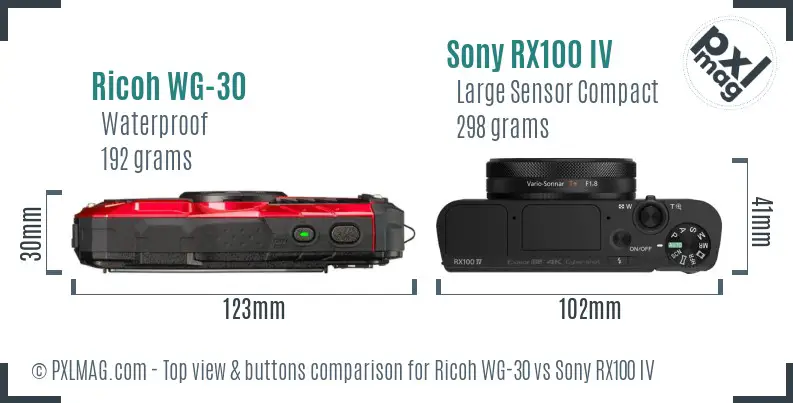 Ricoh WG-30 vs Sony RX100 IV top view buttons comparison Ricoh WG-30 vs Sony RX100 IV top view buttons comparison