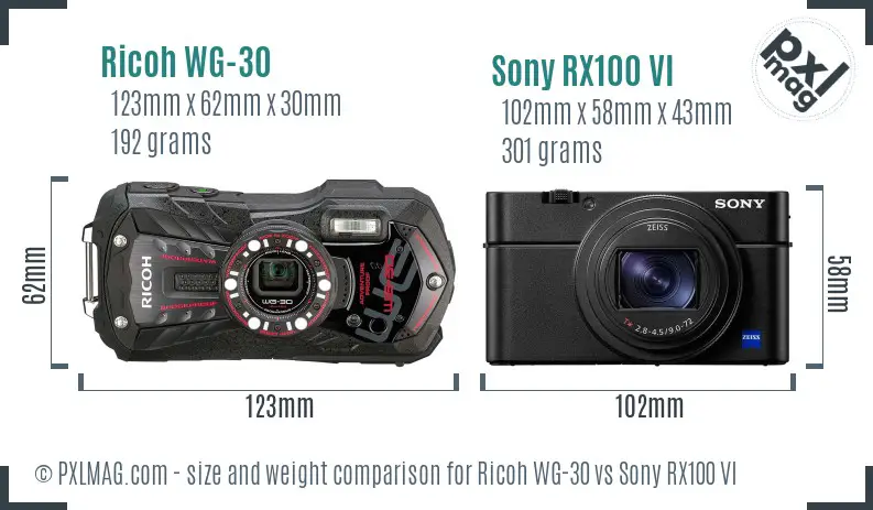 Ricoh WG-30 vs Sony RX100 VI size comparison