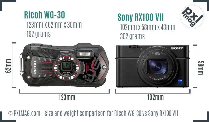 Ricoh WG-30 vs Sony RX100 VII size comparison