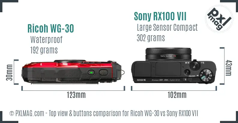 Ricoh WG-30 vs Sony RX100 VII top view buttons comparison