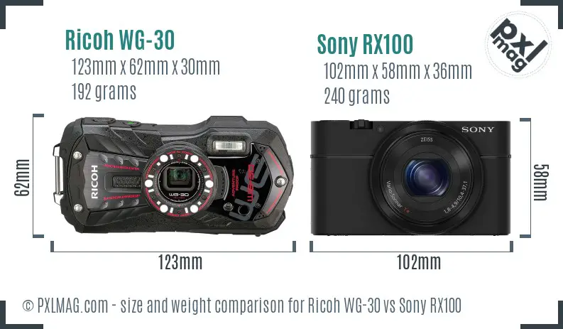Ricoh WG-30 vs Sony RX100 size comparison Ricoh WG-30 vs Sony RX100 size comparison