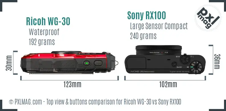 Ricoh WG-30 vs Sony RX100 top view buttons comparison Ricoh WG-30 vs Sony RX100 top view buttons comparison