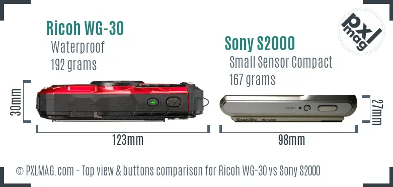 Ricoh WG-30 vs Sony S2000 top view buttons comparison