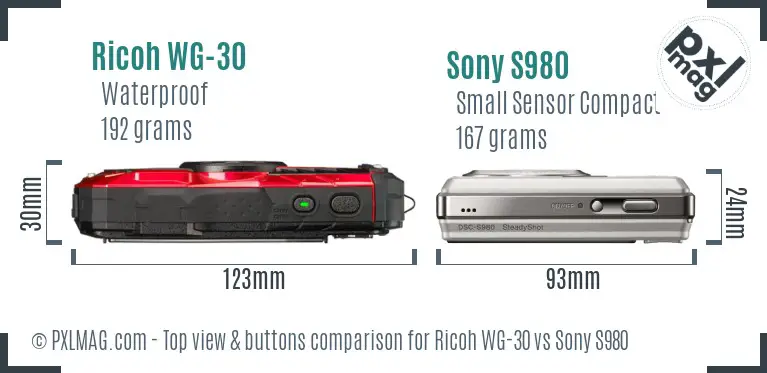 Ricoh WG-30 vs Sony S980 top view buttons comparison