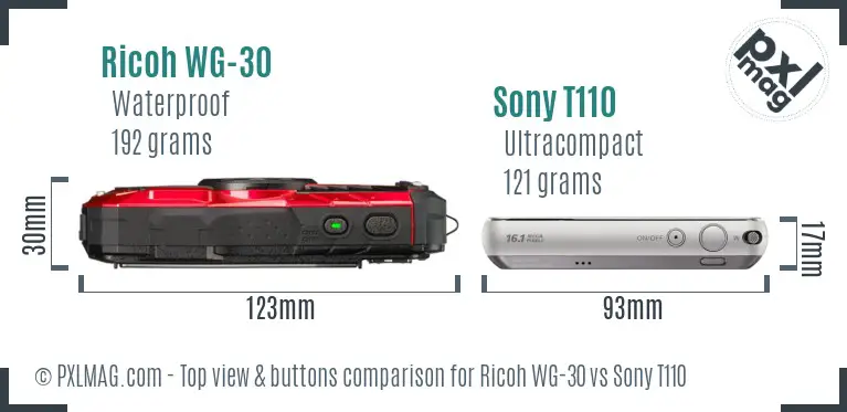 Ricoh WG-30 vs Sony T110 top view buttons comparison