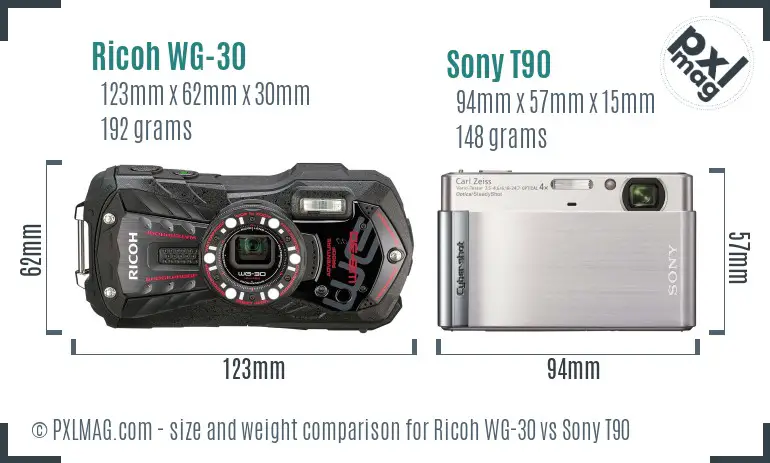 Ricoh WG-30 vs Sony T90 size comparison
