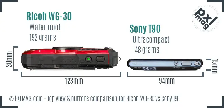 Ricoh WG-30 vs Sony T90 top view buttons comparison