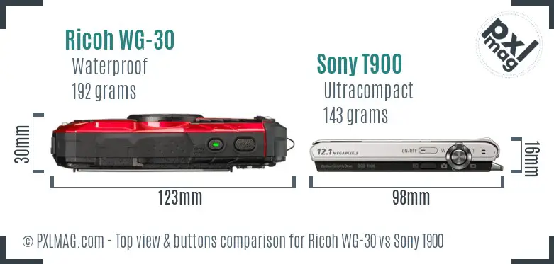 Ricoh WG-30 vs Sony T900 top view buttons comparison