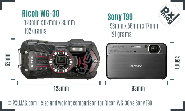 Ricoh WG-30 vs Sony T99 size comparison