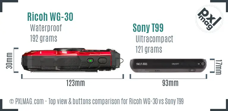 Ricoh WG-30 vs Sony T99 top view buttons comparison