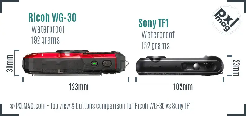 Ricoh WG-30 vs Sony TF1 top view buttons comparison