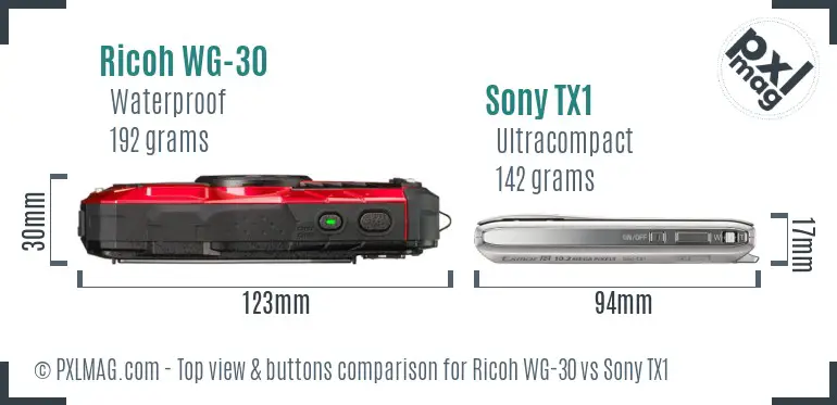 Ricoh WG-30 vs Sony TX1 top view buttons comparison
