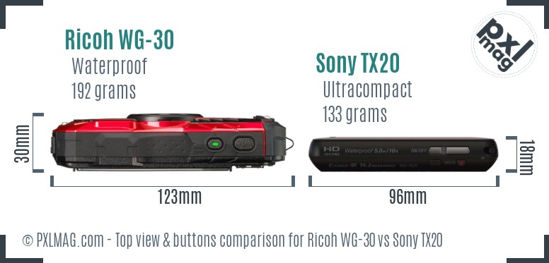 Ricoh WG-30 vs Sony TX20 top view buttons comparison