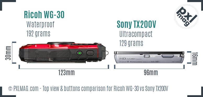 Ricoh WG-30 vs Sony TX200V top view buttons comparison