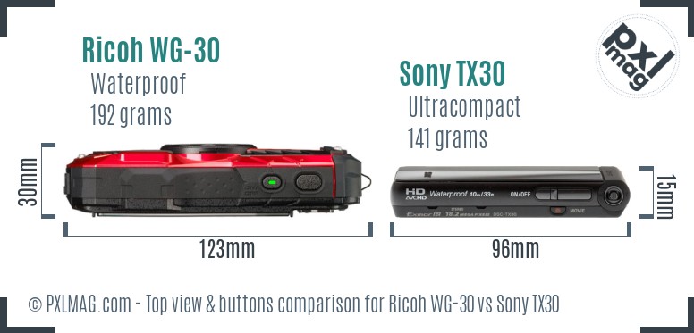Ricoh WG-30 vs Sony TX30 top view buttons comparison