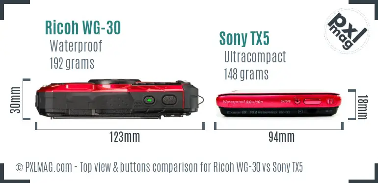 Ricoh WG-30 vs Sony TX5 top view buttons comparison