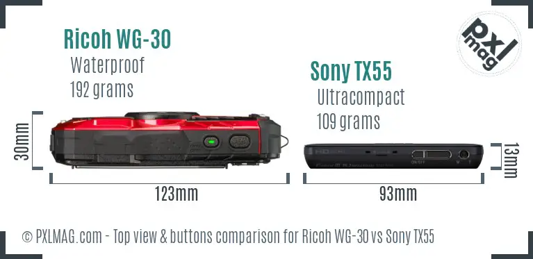 Ricoh WG-30 vs Sony TX55 top view buttons comparison