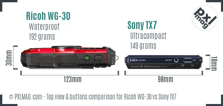 Ricoh WG-30 vs Sony TX7 top view buttons comparison