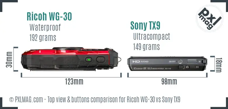 Ricoh WG-30 vs Sony TX9 top view buttons comparison