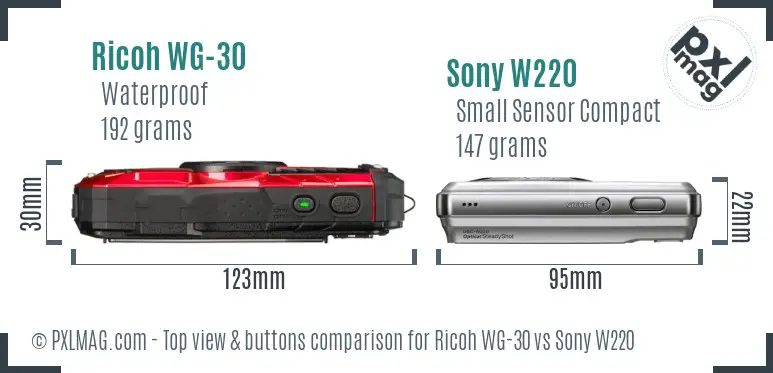 Ricoh WG-30 vs Sony W220 top view buttons comparison