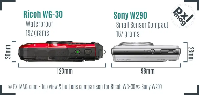 Ricoh WG-30 vs Sony W290 top view buttons comparison