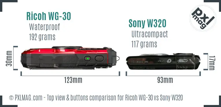 Ricoh WG-30 vs Sony W320 top view buttons comparison