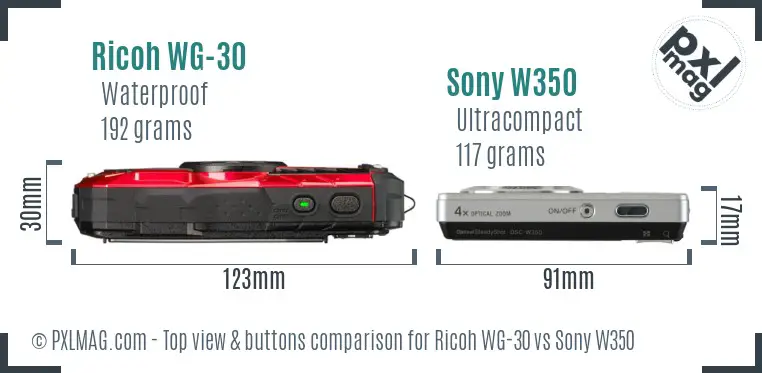 Ricoh WG-30 vs Sony W350 top view buttons comparison