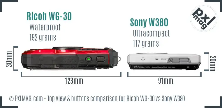 Ricoh WG-30 vs Sony W380 top view buttons comparison