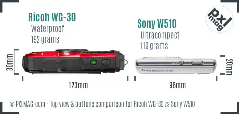 Ricoh WG-30 vs Sony W510 top view buttons comparison