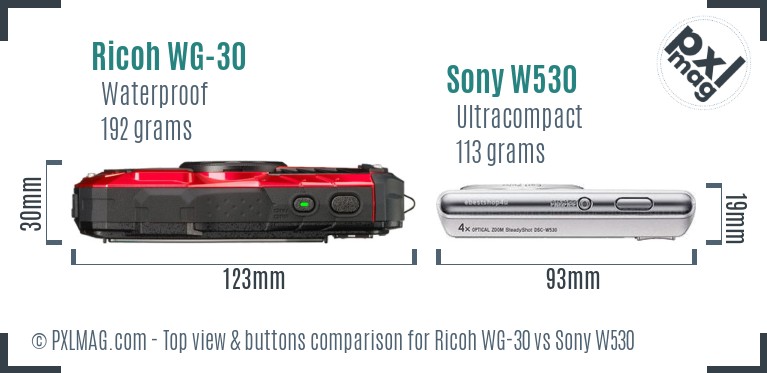 Ricoh WG-30 vs Sony W530 top view buttons comparison