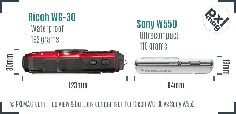 Ricoh WG-30 vs Sony W550 top view buttons comparison
