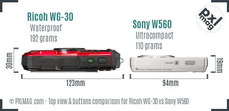 Ricoh WG-30 vs Sony W560 top view buttons comparison
