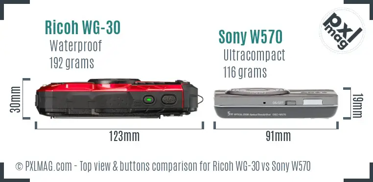 Ricoh WG-30 vs Sony W570 top view buttons comparison