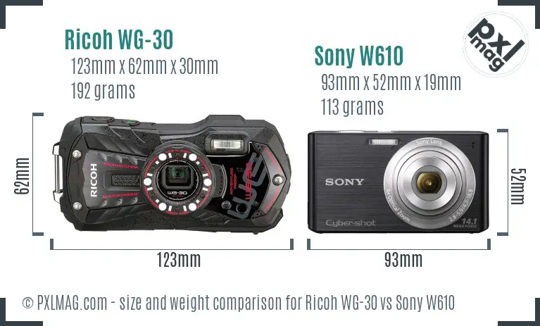 Ricoh WG-30 vs Sony W610 size comparison