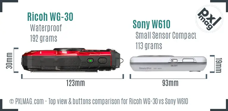 Ricoh WG-30 vs Sony W610 top view buttons comparison