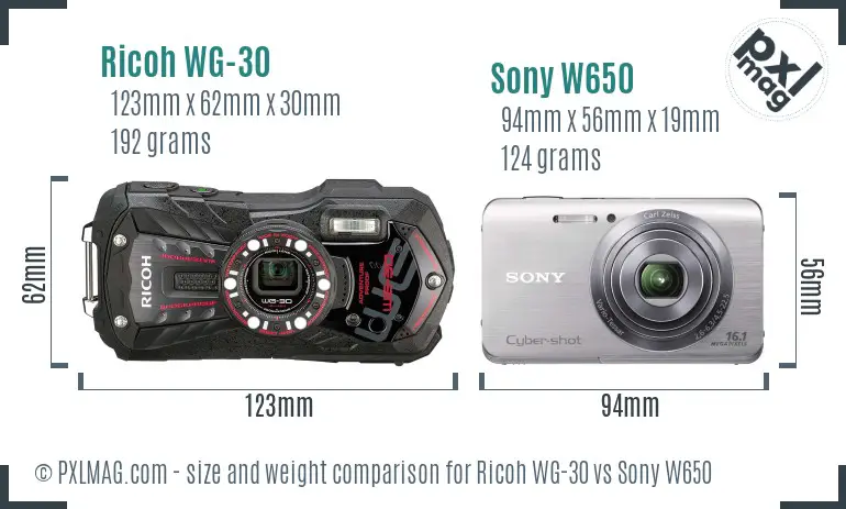 Ricoh WG-30 vs Sony W650 size comparison