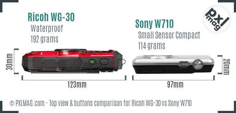 Ricoh WG-30 vs Sony W710 top view buttons comparison