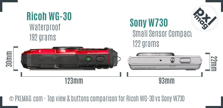 Ricoh WG-30 vs Sony W730 top view buttons comparison