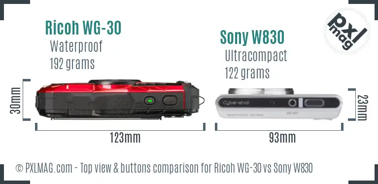 Ricoh WG-30 vs Sony W830 top view buttons comparison