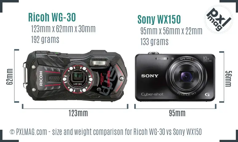 Ricoh WG-30 vs Sony WX150 size comparison