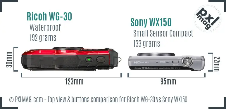 Ricoh WG-30 vs Sony WX150 top view buttons comparison