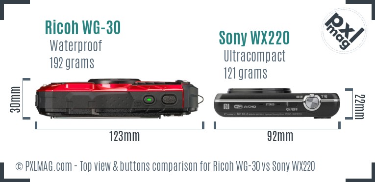 Ricoh WG-30 vs Sony WX220 top view buttons comparison